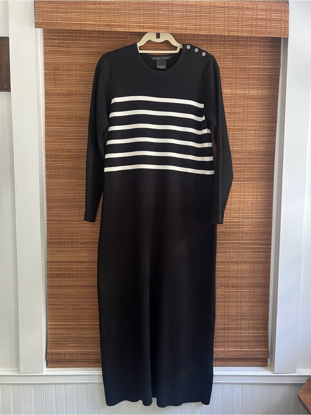 Vintage Laura Ashley Black & White Breton Stripe Cotton Maxi Sweater Dress M